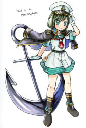 1girl anchor anchor_symbol black_boots black_jacket black_socks blush boots closed_mouth commentary_request dated fold-over_boots full_body gloves gold_trim green_eyes green_hair green_sailor_collar hand_on_headwear hat hishaku jacket jacket_on_shoulders looking_at_viewer murasa_minamitsu one-hour_drawing_challenge proton sailor_collar shirt short_hair short_sleeves shorts smile socks solo touhou twitter_username white_gloves white_shirt white_shorts 