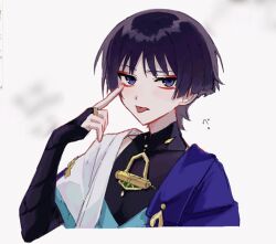  1boy :p absurdres akanbe armor black_bodysuit black_bridal_gauntlets black_hair blue_kimono blue_sleeves blunt_ends bodysuit bridal_gauntlets cape choppy_bangs commentary_request covered_collarbone cropped_torso ego_(ego_inp) eyelid_pull eyeliner finger_to_eye furrowed_brow genshin_impact gold_ring highres index_finger_raised japanese_armor japanese_clothes juban kimono kote kurokote layered_sleeves looking_at_viewer makeup male_focus mandarin_collar middle_ring open_clothes open_kimono portrait purple_cape purple_rope red_eyeliner rope scaramouche_(genshin_impact) short_sleeves shoulder_peek side_cape solo tongue tongue_out tsurime violet_eyes wanderer_(genshin_impact) white_background white_kimono white_sleeves 