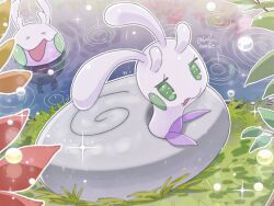  >_< commentary_request full_body goomy grass green_eyes hisuian_sliggoo leaf looking_at_viewer no_humans open_mouth outdoors pokemon pokemon_(creature) ripples runachikku twitter_username 