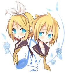  1boy 1girl amakaze_sora beamed_eighth_notes black_sailor_collar blonde_hair blue_eyes blue_flower blue_rose blush brother_and_sister closed_mouth commentary_request eighth_note flower hair_between_eyes headphones kagamine_len kagamine_rin musical_note neckerchief necktie parted_lips portrait ribbon rose sailor_collar siblings simple_background vocaloid white_background white_ribbon yellow_neckerchief yellow_necktie 