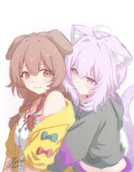  2girls :/ :3 ahoge ama_ama350 animal_ear_fluff animal_ears black_hoodie blush_stickers braid brown_eyes brown_hair cat_ears cat_girl cat_tail closed_mouth commentary_request crossed_bangs dog_ears dog_girl double-parted_bangs dress from_side hair_between_eyes hair_over_shoulder highres hololive hood hoodie hug hug_from_behind inugami_korone inugami_korone_(1st_costume) jacket long_hair looking_at_another looking_back low_twin_braids multiple_girls nekomata_okayu nekomata_okayu_(1st_costume) purple_hair short_hair signature simple_background smile tail tail_raised twin_braids violet_eyes virtual_youtuber white_background white_dress yellow_jacket 