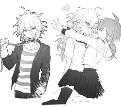  1boy 2girls absurdres ahoge blush chain collar collarbone commentary_request danganronpa:_trigger_happy_havoc danganronpa_(series) genderswap genderswap_(mtf) hair_between_eyes heart highres hug jacket kn0309dg komaeda_nagito korean_commentary long_sleeves looking_at_another metal_collar miniskirt multiple_girls naegi_makoto necktie open_clothes open_jacket pants pleated_skirt ponytail servant_(danganronpa) shirt simple_background skirt striped_clothes striped_shirt teeth thigh-highs yuri 