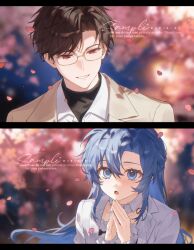  1boy 1girl absurdres blue_eyes blue_hair blurry blurry_background brown_hair collared_shirt commission double-parted_bangs falling_petals glasses grin hair_between_eyes highres jacket long_hair mihuashi_commission ningmeng_dousha original own_hands_together petals red_eyes sample_watermark shirt short_hair smile turtleneck watermark white_shirt yellow_jacket 