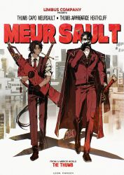  2boys absurdres badge belt belt_buckle black_belt black_eyes black_gloves black_hair brown_hair buckle chanil_(muexlku) character_name cigar cityscape coat coat_on_shoulders collarbone collared_shirt commentary_request copyright_name curtained_hair dark-skinned_male dark_skin facing_viewer film_grain full_body gloves gold_trim grey_background gunblade hair_behind_ear hair_between_eyes heathcliff_(project_moon) highres holding holding_sword holding_weapon jacket korean_commentary lapels leon_the_professional limbus_company long_coat long_hair long_sleeves looking_at_another looking_at_viewer low_ponytail male_focus meursault_(project_moon) movie_poster_(medium) movie_reference multiple_boys multiple_swords necktie pants parody ponytail poster_parody project_moon raised_inner_eyebrows red_gloves red_necktie red_pants red_shoes red_vest scar scar_on_arm scar_on_face scar_on_neck shirt shoes side_part sidelocks sideways_glance sleeves_rolled_up smoking suit_jacket sunglasses suspenders sweatdrop sword sword_on_back thumb_(identity)_(project_moon) vest walking walking_towards_viewer weapon weapon_on_back white_shirt 