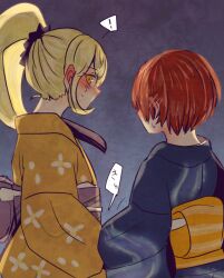  ! 2girls aged_up alternate_costume blonde_hair blue_kimono blush brown_sash commentary_request danganronpa_(series) danganronpa_2:_goodbye_despair hair_ornament hair_scrunchie japanese_clothes kimono koizumi_mahiru long_hair looking_back multiple_girls obi official_alternate_hairstyle orange_kimono red_hair saionji_hiyoko sash scrunchie shinshishinc short_hair speech_bubble spoken_exclamation_mark sweat sweatdrop upper_body yellow_eyes yellow_sash yuri 