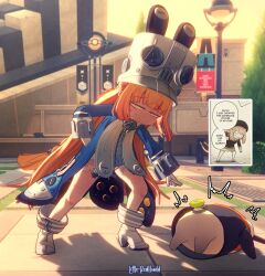 1girl anya_(spy_x_family) artist_name bangboo_(zenless_zone_zero) blonde_hair blue_eyes blue_jacket commentary english_text eous_(zenless_zone_zero) full_body gloves grey_hat hat highres jacket littleredhoodd long_hair looking_at_viewer norma_hollowell outdoors photo-referenced smile speech_bubble spy_x_family thigh-highs white_gloves white_thighhighs zenless_zone_zero 