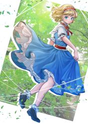  1girl alice_margatroid black_shoes blonde_hair blue_dress blue_eyes capelet closed_mouth commentary_request dress falling_leaves frilled_hairband frilled_ribbon frills hairband highres holding_own_dress kyabekko leaf looking_at_viewer medium_hair photo_background puffy_short_sleeves puffy_sleeves red_hairband red_ribbon red_sash ribbon sash shoes short_sleeves smile socks solo touhou waist_sash white_capelet white_socks 