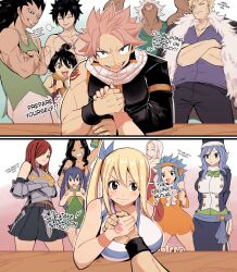  6+boys 6+girls :d arm_wrestling armor bare_shoulders black_hair black_pants blue_bow blue_hair bow bowtie breasts collarbone commentary cross cross_necklace dress elfman_strauss english_commentary english_text erza_scarlet fairy_tail fire gajeel_redfox gauntlets gray_fullbuster green_bow green_bowtie grey_hair hair_bow highres jewelry joshdinobarney juvia_lockser large_breasts laxus_dreyar levy_mcgarden lucy_heartfilia mirajane_strauss multiple_boys multiple_girls muscular muscular_male natsu_dragneel necklace orange_dress pants ponytail red_hair shirt short_hair shoulder_tattoo smile spiky_hair table tattoo teeth twintails wendy_marvell white_shirt wooden_table 