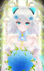  1girl absurdres animal_ears bare_shoulders blue_bow blue_eyes bow bride commentary_request dress fake_animal_ears flower grey_hair hair_flower hair_ornament highres icey icey_(game) paidasun solo strapless strapless_dress teardrop wedding wedding_dress white_dress 