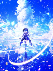  1girl absurdres back_bow beret blue_hair blue_ribbon blue_sky bow clouds commentary_request crown cumulonimbus_cloud day facing_away falling_petals fingerless_gloves frilled_skirt frills from_behind full_body gloves grey_hat grey_jacket grey_skirt hair_ribbon hat highres holding holding_microphone hololive hoshimachi_suisei hoshimachi_suisei_(1st_costume) jacket kneehighs long_hair makoron117117 microphone mini_crown miniskirt outdoors petals plaid_clothes plaid_hat plaid_jacket plaid_skirt reflection reflective_liquid ribbon side_ponytail single_kneehigh single_sock single_thighhigh skirt skirt_set sky sleeve_cuffs socks solo standing standing_on_liquid thigh-highs tilted_headwear virtual_youtuber water 