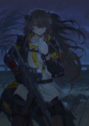  1girl absurdres black_jacket black_pantyhose black_skirt brown_eyes brown_hair chest_harness closed_mouth commentary cowboy_shot english_commentary flat_chest girls'_frontline_2:_exilium girls_frontline gun h&amp;k_ump harness highres holding holding_jewelry holding_necklace holding_weapon jacket jewelry kto_znaet long_hair looking_to_the_side necklace night one_eye_closed open_clothes open_collar open_jacket pantyhose rain shirt skirt solo standing straight-on submachine_gun twintails ump45_(girls'_frontline) weapon white_shirt 