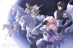  2girls 3boys achyue alternate_costume alternate_hairstyle arm_up armor armored_boots black_gloves black_shirt black_skirt blue_eyes boots bouquet breastplate brown_hair caelus_(honkai:_star_rail) commentary_request dan_heng_(honkai:_star_rail) dual_persona eyeliner fingerless_gloves gauntlets glint gloves green_eyes grey_hair hair_ornament halo halo_behind_head hand_on_own_hip hand_up highres holding holding_bouquet honkai:_star_rail honkai_(series) horseback_riding latin_commentary long_hair looking_at_viewer makeup march_7th_(honkai:_star_rail) multicolored_eyes multiple_boys multiple_girls open_mouth pauldrons pink_eyes pink_hair pointing ponytail red_eyeliner riding sheath sheathed shirt short_hair shoulder_armor single_pauldron skirt smile spiked_halo star_(sky) starry_sky_background stelle_(honkai:_star_rail) sunday_(honkai:_star_rail) sword teeth thigh_boots thigh_strap trailblazer_(honkai:_star_rail) two-tone_eyes unicorn upper_teeth_only weapon white_shirt yellow_eyes 