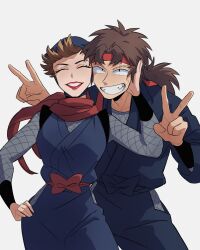  1boy 1girl akino_(mooongrr) brown_hair closed_eyes commentary_request double_v facing_viewer grin hand_on_another's_cheek hand_on_another's_face hand_on_own_hip headband hetero highres japanese_clothes lipstick makeup medium_hair ninja ooki_masanosuke pants rakudai_ninja_rantarou red_lips red_scarf scarf smile standing v white_background yamamoto_shina 