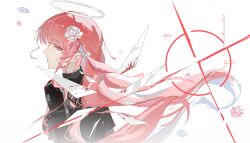  1girl absurdres arknights black_jacket blood blood_on_face chinese_commentary closed_mouth commentary_request crosshair detached_wings floating_hair flower from_side halo highres jacket jiu_yi_wu lemuen_(arknights) long_hair looking_at_viewer looking_back petals pink_eyes pink_flower pink_hair profile smile solo traditional_halo upper_body white_background white_halo wings 