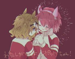  ahoge animal_ears blush braid breasts brown_hair closed_eyes closed_mouth commentary_request dantsu_flame_(umamusume) ear_covers hair_between_eyes hair_ornament hairband hairclip half_up_braid half_up_half_down_braid highres horse_ears horse_girl jacket jewelry jungle_pocket_(umamusume) long_sleeves medium_hair multicolored_hair multiple_girls open_mouth pink_hairband red_jacket reya_p_d3 smile tracen_training_uniform track_jacket umamusume white_hair 