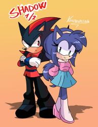  1boy 1girl amy_rose animal_nose arms_behind_back black_fur black_shoes blue_fur blue_skirt body_fur closed_mouth cosplay english_commentary frown furry furry_male gradient_background green_eyes hedgehog_boy hedgehog_girl highres klaudia96art long_hair low_ponytail pink_shoes pink_sweater ponytail ranma_1/2 red_eyes red_fur saotome_ranma saotome_ranma_(cosplay) shadow_the_hedgehog shoes short_tail skirt smile socks sonic_(series) sweater tail tendou_akane tendou_akane_(cosplay) white_socks 