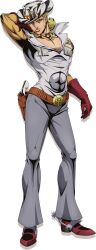  1boy animal_print animal_skull araki_hirohiko_(style) arm_behind_head artist_request belt belt_buckle blonde_hair boots brown_belt buckle cow_skull cowboy_boots cowboy_hat cowboy_western derivative_work fringe_trim full_body gloves grey_pants gun hand_up hat hat_ornament highres holster jojo_no_kimyou_na_bouken jojo_pose key_visual leopard_print male_focus medium_hair mountain_tim muscular muscular_male neckerchief official_art orange_neckerchief pants pectoral_cleavage pectorals popped_collar print_hat promotional_art red_boots red_gloves revolver serious shirt sideburns solo spurs standing steel_ball_run transparent_background violet_eyes weapon white_hat white_shirt zebra_print 