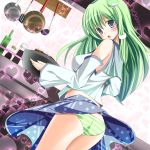 bad_id blue_eyes blush detached_sleeves frog green_hair green_panties hair_ornament heart highres kitchen kochiya_sanae lio long_hair panties skirt solo striped striped_panties touhou underwear upskirt