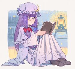  1girl blue_bow blunt_bangs blush book bow bowtie brown_shoes commentary_request crescent crescent_hat_ornament ddal double_bun dress glasses hair_bow hair_bun hat hat_ornament highres holding holding_book lantern mob_cap multiple_hair_bows patchouli_knowledge purple_hair reading red_bow robe shoes sitting solo touhou violet_eyes white_dress white_robe 