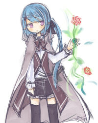  1girl amakaze_sora black_skirt black_thighhighs blue_hair blush bow brown_bow brown_jacket cloak flower grey_cloak hood hood_down hooded_cloak jacket long_hair long_sleeves original parted_lips pleated_skirt puffy_long_sleeves puffy_sleeves red_flower red_rose rose shirt skirt sleeves_past_wrists solo thigh-highs very_long_hair violet_eyes white_background white_shirt 