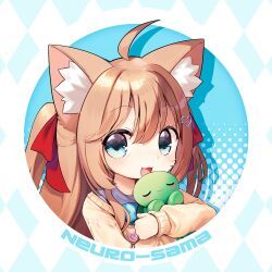  1boy 1girl :3 ahoge animal_ears badge blue_bow blue_bowtie blue_eyes blue_sailor_collar bow bowtie brown_hair button_badge cardigan cat_ears character_name commentary dankowanko deformed english_commentary fang from_side hair_between_eyes hair_ornament hair_ribbon heart heart_hair_ornament long_hair long_sleeves looking_at_viewer neuro-sama neuro-sama_(1st_costume) open_mouth osu! red_ribbon ribbon sailor_collar turtle two_side_up upper_body vedal_ai virtual_youtuber yellow_cardigan 