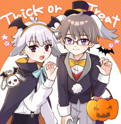  2boys alice's_adventures_in_wonderland animal_ears aqua_bow aqua_bowtie asako_(puiu9k) bat_(animal) bat_wings black_cape black_hat black_jacket black_pants bow bowtie brown_hair buttons candy cape claw_pose coattails collared_cape collared_coat commentary_request contrast_lapels cosplay cowboy_shot dress_shirt english_text fake_animal_ears fake_wings floppy_ears food formal_clothes glasses grey_pants hair_ears hairband halloween halloween_bucket hand_on_own_thigh happy hat head_wings high_collar highres jacket lapels leaning_forward lollipop long_sleeves male_focus multiple_boys orange_background pants peaked_lapels polka_dot polka_dot_background pom_pom_(clothes) precure puffy_long_sleeves puffy_sleeves rabbit_ears red-framed_eyewear red_eyes red_vest shirt short_hair single_claw_pose sleeve_cuffs star_(symbol) suit suit_pants suspenders swirl_lollipop tailcoat top_hat toyama_daifuku toyama_daifuku_(civilian) toyama_daifuku_(rabbit) toyama_satoru traditional_bowtie trick_or_treat two-sided_cape two-sided_fabric two-tone_background vampire_costume vest violet_eyes white_background white_rabbit_(alice_in_wonderland) white_rabbit_(alice_in_wonderland)_(cosplay) white_shirt wings wonderful_precure! yellow_bow yellow_bowtie yellow_cape yellow_hairband 