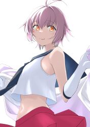  1girl absurdres antenna_hair black_neckerchief black_sailor_collar commentary_request cowboy_shot dress gloves highres kantai_collection navel neckerchief orange_eyes pleated_dress purple_hair red_skirt sailor_collar sailor_shirt sakawa_(kancolle) shirt short_hair simple_background skirt sleeveless sleeveless_shirt solo tsukasa_(tukasa_br) white_background white_gloves 