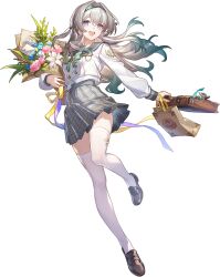  1girl bag black_hairband bouquet bow breasts brown_shoes colored_tips commentary english_commentary falling_petals firefly_(honkai:_star_rail) firefly_(spring_missive)_(honkai:_star_rail) game_asset gradient_hair green_bow green_hair grey_hair grey_sailor_collar grey_skirt hair_intakes hairband holding holding_bag holding_bouquet honkai:_star_rail honkai_(series) loafers long_hair long_sleeves medium_breasts miniskirt multicolored_hair official_alternate_costume official_art open_mouth paper_bag penny_loafers petals sailor_collar sam_(honkai:_star_rail) school_uniform serafuku shirt shoes skirt smile solo teeth thigh-highs transparent_background upper_teeth_only white_shirt white_thighhighs zettai_ryouiki 