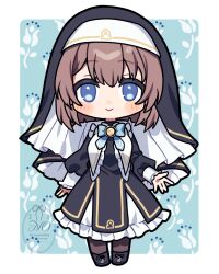  1girl aqua_background black_dress black_outline black_veil blue_bow blue_eyes border bow bowtie breasts brown_hair commentary_request deformed dress fan_request floral_background food frilled_dress frilled_sleeves frills full_body hanasaki_ayame_(artist) headband indie_virtual_youtuber large_breasts long_sleeves medium_hair mochi nun nun_headdress outline puffy_sleeves puritan_collar sleeve_cuffs solo turtleneck two-tone_background veil virtual_youtuber white_border white_headband yoshimochi_moni 