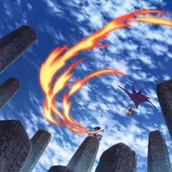  2girls absurdres apron bag black_hair black_hat blue_hair blue_sky brown_bag closed_umbrella clouds cone_horns day fire flaming_sword flaming_weapon gap_(touhou) hat hat_ornament highres hinanawi_tenshi holding holding_sword holding_umbrella holding_weapon horns kijin_seija leaf_hat_ornament long_hair multicolored_hair multiple_girls outdoors puffy_short_sleeves puffy_sleeves red_streaks scenery shirt short_sleeves sky small_horns smile streaked_hair suteruko sword sword_of_hisou touhou umbrella very_long_hair waist_apron weapon white_apron white_shirt white_streaks 
