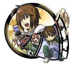  ! 1boy 2000s_(style) 2girls ? ahoge bad_id belt black_belt blue_shoes brown_eyes brown_hair cellphone closed_mouth collared_shirt detached_ahoge dress flip_phone green_dress green_pants green_shirt hair_between_eyes holding holding_phone layered_sleeves long_sleeves mini_person miniboy minigirl multiple_girls neck_ribbon on_one_knee open_mouth original pants phone pink_eyes pink_hair raglan_sleeves red_ribbon ribbon shirt shoes short_hair short_over_long_sleeves short_sleeves simple_background smile speech_bubble spoken_exclamation_mark spoken_question_mark sweater_vest teeth through_medium through_screen upper_teeth_only white_background white_shirt white_shoes yellow_sweater_vest yuuzii 