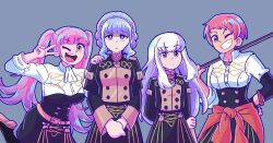  4girls :d ;d arm_behind_back blue_hair braid breasts closed_mouth clothes_around_waist crown_braid eggtempest fire_emblem fire_emblem:_three_houses garreg_mach_monastery_uniform grey_background grey_eyes grin hair_between_eyes hand_on_another's_shoulder hand_on_own_arm hand_on_own_hip highres hilda_valentine_goneril holding holding_polearm holding_weapon jacket jacket_around_waist large_breasts leonie_pinelli long_hair long_sleeves looking_at_viewer lysithea_von_ordelia marianne_von_edmund medium_breasts multiple_girls one_eye_closed open_mouth orange_eyes orange_jacket own_hands_together pink_eyes pink_hair polearm sidelocks simple_background smile teeth twintails v violet_eyes weapon white_hair 