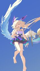  1girl :d ahoge aqua_nails artist_name barefoot bienbien010 bird_tail blonde_hair commentary dress enna_alouette enna_alouette_(1st_costume) floating_hair flying head_wings highres low_twintails low_wings midair nail_polish nijisanji nijisanji_en sleeveless sleeveless_dress smile solo tail toenail_polish toenails toes twintails violet_eyes virtual_youtuber wings 