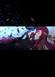  alternate_color black_dress black_gloves blue_hair blush bob_cut commentary_request crossover dress elbow_gloves falling_petals gardevoir gloves inkling_girl inkling_player_character mega_gardevoir night_light_han petals pokemon pokemon_(creature) purple_hair red_eyes shiny_pokemon smile splatoon_(series) 