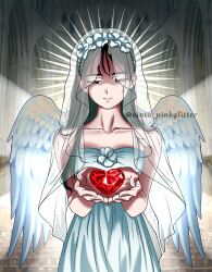  1girl alien_stage angel_wings artist_name bare_shoulders black_hair cinta_pinkglitter commentary cupping_hands dress english_commentary flower gem hair_flower hair_ornament heart heart-shaped_pupils highres long_hair missing_commentary official_alternate_costume own_hands_together red_gem see-through_clothes see-through_veil solo strapless strapless_dress sua_(alien_stage) symbol-shaped_pupils veil violet_eyes white_dress white_flower white_wings wings 