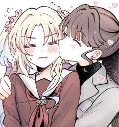  2girls =_= ^_^ black_sweater blonde_hair brown_dress closed_eyes closed_mouth commentary_request dress fang fang_out flower flying_sweatdrops fujishima_megumi fujishima_megumi_(post-graduation_casual) grey_jacket hair_flower hair_ornament hand_on_another's_arm hasu_no_sora_school_uniform highres jacket kiss kissing_cheek long_sleeves love_live! love_live!_hasu_no_sora_jogakuin_school_idol_club mira-cra_park! multiple_girls neckerchief osawa_rurino pink_flower red_neckerchief sailor_collar sailor_dress school_uniform skin_fang suit_jacket sweatdrop sweater turtleneck turtleneck_sweater twintails virtual_youtuber watage_modoki wavy_mouth white_sailor_collar winter_uniform yuri 