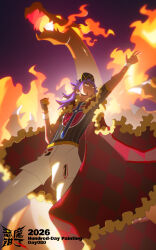  1boy 2026 baseball_cap cape champion_uniform_(pokemon) charizard colored_sclera dark_skin demonqz7 dynamax facial_hair fiery_wings fingerless_gloves fire flame-tipped_tail fur_trim gigantamax gigantamax_charizard gloves hat highres leon_(pokemon) long_hair male_focus open_mouth pokemon pokemon_(creature) pokemon_sword_and_shield purple_background purple_hair shirt short_sleeves shorts single_glove tail wings yellow_eyes 