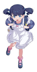  1girl aged_down bag black_hair blue_eyes blush gatack777 gridman_universe gridman_universe_(movie) highres holding long_hair long_sleeves looking_at_viewer official_alternate_costume open_mouth school_bag shirt simple_background skirt solo takarada_rikka twintails white_background 