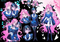  2girls alien_stage alternate_costume black_hair black_shoes black_thighhighs blue_jacket blue_skirt blush bow buttons commentary curtained_hair double-breasted english_commentary glasses high_heels highres jacket lilbpeach long_hair mizi_(alien_stage) multiple_girls pairing_name pink_hair school_uniform shoes short_hair skirt sua_(alien_stage) thigh-highs very_long_hair violet_eyes waist_bow white_bow yellow_eyes yuri 