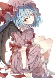  1girl back_bow bat_wings blue_hair blush bow closed_mouth commentary_request hat hat_ribbon highres looking_at_viewer medium_hair mob_cap natsume_suzuri pink_hat pink_shirt pink_skirt puffy_short_sleeves puffy_sleeves red_bow red_eyes red_wrist_cuffs remilia_scarlet ribbon shirt short_sleeves simple_background sitting skirt skirt_set sleeve_bow socks solo touhou white_background white_socks wings wrist_cuffs 