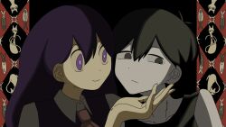  1boy 1girl antenna_hair black_eyes black_hair black_tank_top bright_pupils brother_and_sister closed_mouth collarbone collared_shirt commentary_request double-parted_bangs hair_behind_ear hair_between_eyes highres long_hair looking_at_another male_focus mari_(headspace)_(omori) mari_(omori) neckerchief o3ol_o7zo omori omori_(omori) purple_hair purple_sweater_vest red_neckerchief shirt short_hair siblings smile sweater_vest tank_top violet_eyes white_pupils white_shirt 