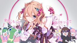  >_< 1boy 6+girls ahoge animal_ears arms_up black_shirt blonde_hair blowing_kiss blue_eyes bow bowtie brown_hair camila_inpu cat_ears cat_girl cat_tail commentary crelly dress ellie_minibot english_commentary evil_neuro-sama fingerless_gloves from_side gloves glowstick green_hair hair_between_eyes hair_ornament hair_ribbon hat heart heart_hair_ornament highres holding holding_glowstick indie_virtual_youtuber kermit_the_frog long_hair long_sleeves minikomew multicolored_hair multiple_girls muppets neuro-sama neuro-sama_(cyberpunk_princess) official_alternate_costume one_eye_closed open_mouth party_hat pink_dress pink_hair pink_shirt red_bow red_bowtie red_eyes red_gloves red_ribbon ribbon shaieq0 shirt short_hair streaked_hair tail tail_bow tail_ornament translation_request two_side_up upper_body vedal987 vedal_ai virtual_youtuber white_hair 