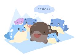  :d alternate_color black_eyes clodsire commentary_request cuddling fangs fangs_out fins korean_commentary next_pluto no_humans nostrils pokemon pokemon_(creature) pokemon_focus seal_(animal) shiny_pokemon smile solid_circle_eyes spheal white_background 