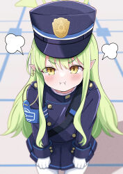  1girl :i absurdres armband blue_archive blue_hat blue_jacket blue_skirt blush closed_mouth commentary_request cowboy_shot gloves green_hair green_halo halo hat highres hikari_(blue_archive) hosinonana jacket long_hair looking_at_viewer peaked_cap pleated_skirt pointy_ears puff_of_air sidelocks skirt solo thick_eyebrows v-shaped_eyebrows white_gloves yellow_eyes 