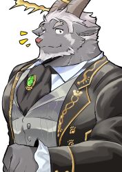  1boy animal_ears ascot black_ascot black_suit closed_mouth commentary elder_salomonis_666_(housamo) furry furry_male goat_boy goat_ears goat_horns grey_vest highres horns looking_at_viewer male_focus nokkun_(nokia1124_a) shirt smile suit tokyo_afterschool_summoners upper_body vest white_background white_shirt 