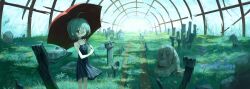  1girl absurdres ahoge bare_shoulders black_choker black_dress choker closed_mouth collarbone commentary_request dress expressionless eyepatch grass highres holding holding_umbrella huge_ahoge indoors lala_(watashi_no_koko) looking_at_viewer medical_eyepatch path red_eyes red_umbrella ribbon rock sabame50 scenery short_hair skinny solo umbrella watashi_no_koko white_ribbon window 