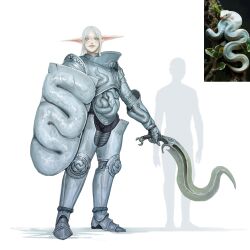  1girl absurdres armor commentary english_commentary full_armor full_body highres holding holding_shield holding_sword holding_weapon knife kukri long_pointy_ears original pale_skin pointy_ears reference_inset sabaton shield short_hair silhouette size_comparison snake solo sword tu_tka weapon white_background white_hair 