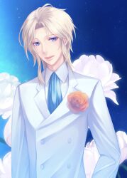  1boy arm_at_side blue_background blue_eyes blue_necktie boutonniere buttons camellia collared_shirt commentary_request double-breasted floral_background flower formal_clothes highres jacket keith_claes lips looking_at_viewer male_focus medium_hair necktie neckwear_request orange_flower otome_camellia otome_game_no_hametsu_flag_shika_nai_akuyaku_reijou_ni_tensei_shite_shimatta pink_lips revision shirt smile sparkle standing suit suit_jacket takatsuki_kahiro upper_body white_flower white_jacket white_shirt white_suit 