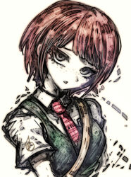  1girl commentary_request danganronpa_(series) danganronpa_2:_goodbye_despair danganronpa_3_(anime) dress freckles green_dress green_eyes highres koizumi_mahiru looking_at_viewer necktie parted_lips plaid_clothes plaid_necktie red_hair red_necktie short_hair simple_background solo tsukihi_shida upper_body white_background 