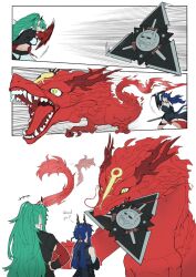  2girls arknights ch'en_(arknights) ch'en_the_dawnstreak_(arknights) commentary dragon dragon_girl dragon_horns eastern_dragon english_commentary fetch gmeg011 holding holding_sword holding_weapon horns hoshiguma_(arknights) hoshiguma_the_breacher_(arknights) multiple_girls muscular muscular_female oni shield sword tail tail_wagging weapon 